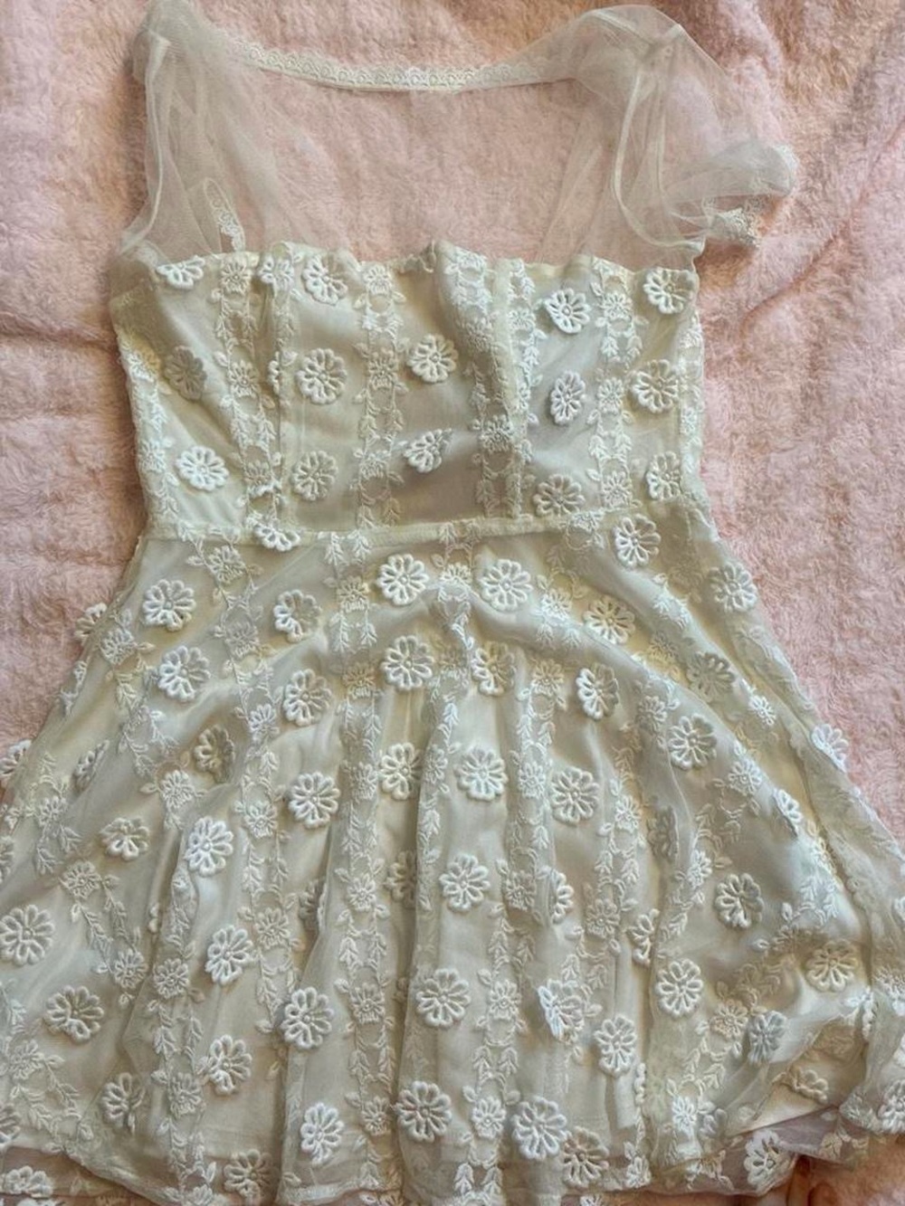 Floral Appliqué Tulle Dress - Cream